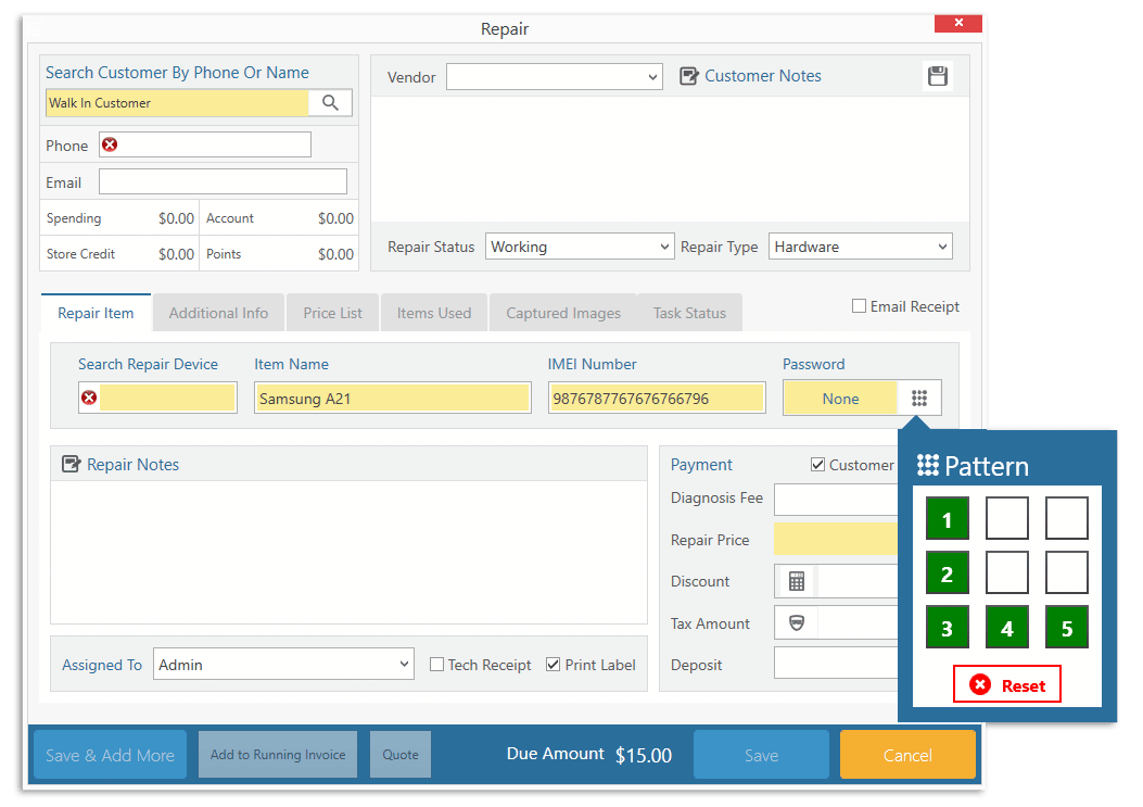 Add a pattern or security password in a repair ticket